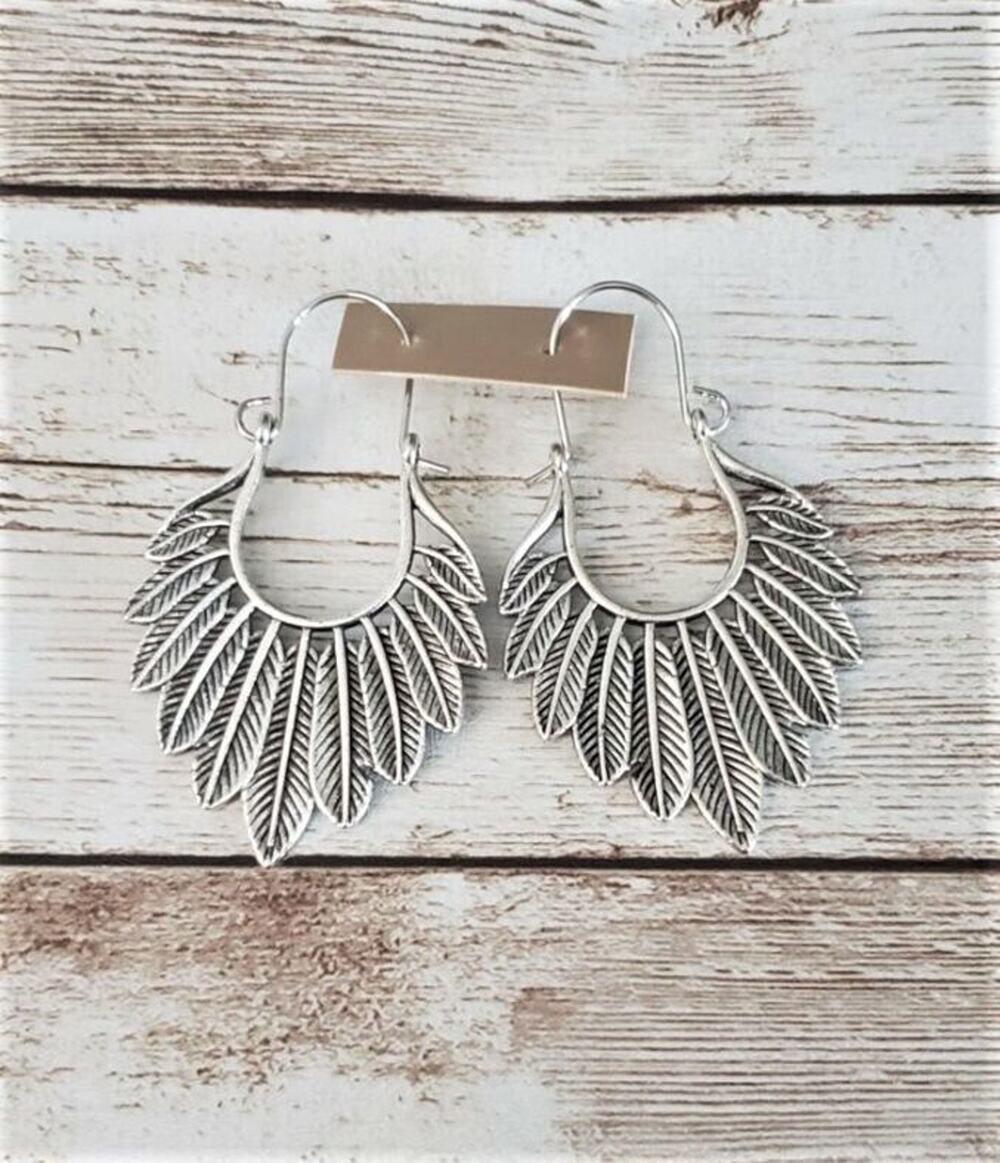 Silver Tone Feather Design Dangle Earrings - Statement - New